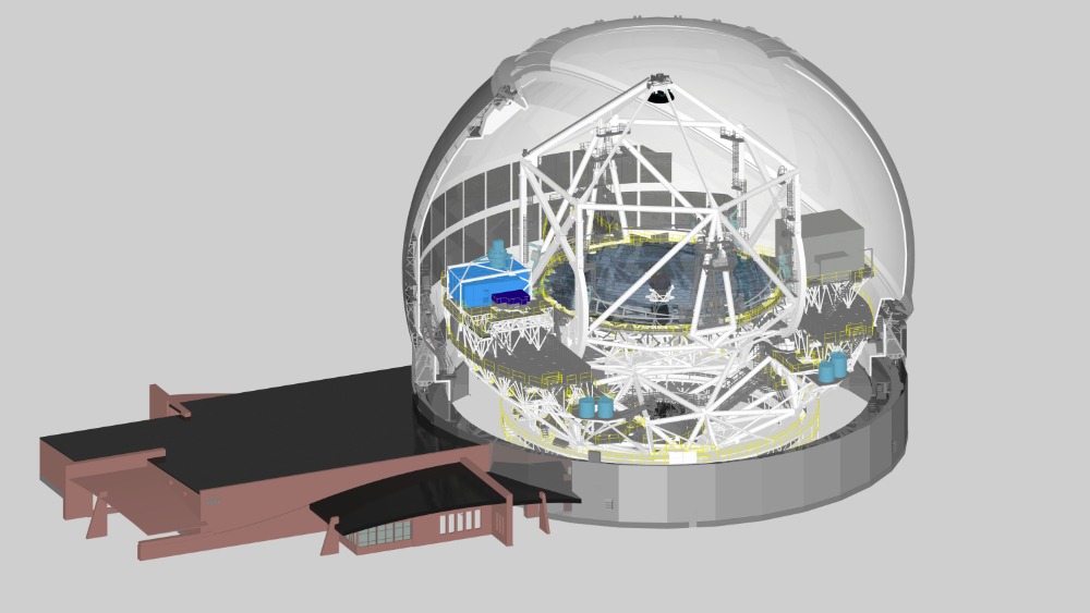 Vue en coupe de l'enveloppe du TMT révélant la structure et les composants de l'observatoire.